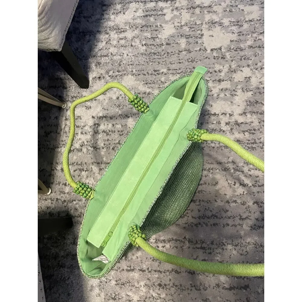 Capelli Straworld Lime Green Straw Basket Tote Bag Beaded Handles